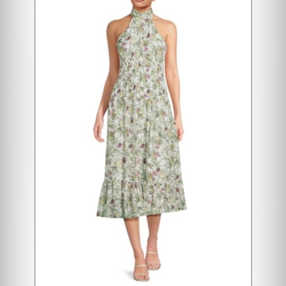 Cinq a Sept Dover Floral Midi Dress Sz 8 Halter Neck White Green Flare NEW $495 - Picture 2 of 13